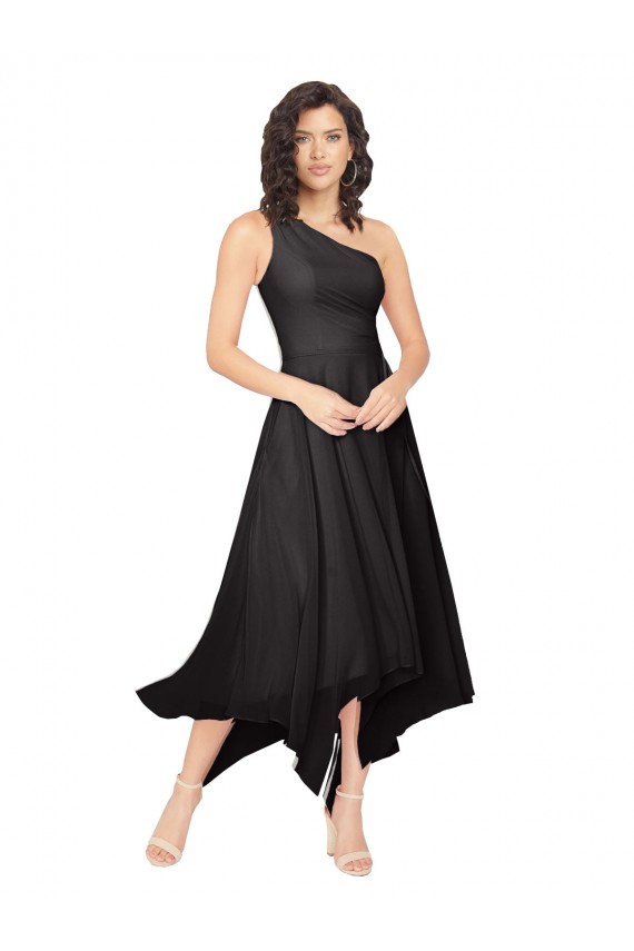 Online Nero Linea A Una spalla Senza spalline Midi Chiffona Corto Abiti da damigella donore / Abiti da cocktail