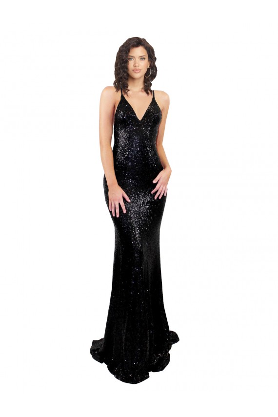 Online Nero Stile sirena Scollatura a V Paillettes Lunga Formali Abiti da damigella donore / Abiti da sera / Abiti da ballo