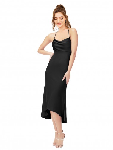 Online Nero Tubino Cappuccio Midi Raso Setoso Corto Abiti da damigella donore / Abiti da sera / Abiti da cocktail