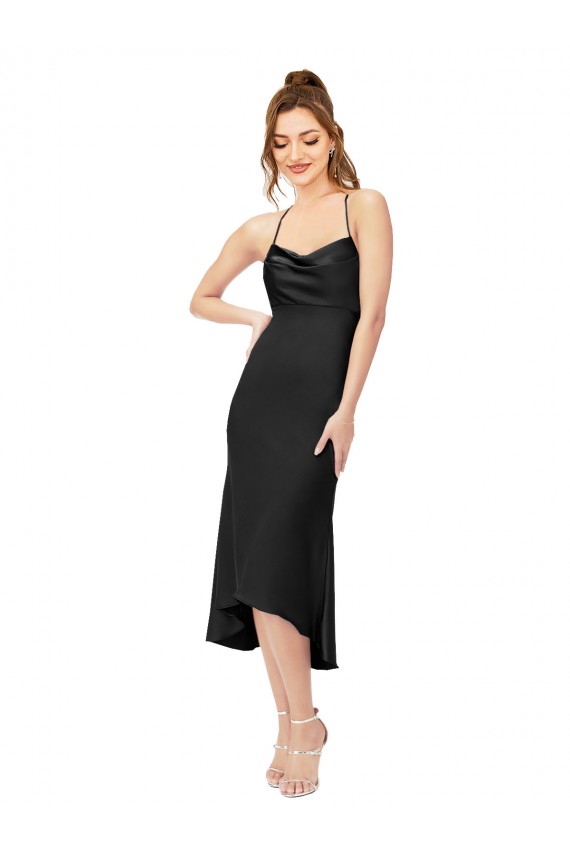 Online Nero Tubino Cappuccio Midi Raso Setoso Corto Abiti da damigella donore / Abiti da sera / Abiti da cocktail