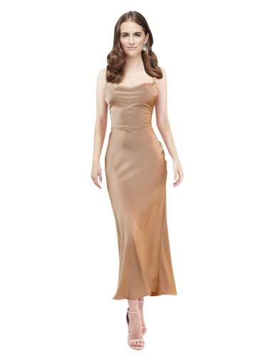 Online Oro rosa Tubino Cappuccio Midi Raso Setoso Corto Abiti da damigella donore / Abiti da sera / Abiti da cocktail