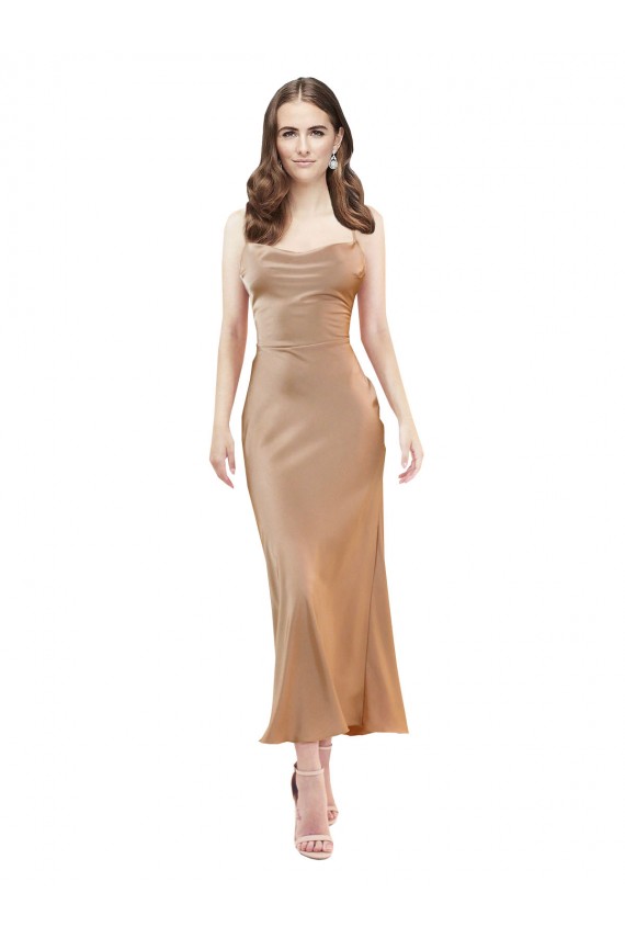 Online Oro rosa Tubino Cappuccio Midi Raso Setoso Corto Abiti da damigella donore / Abiti da sera / Abiti da cocktail