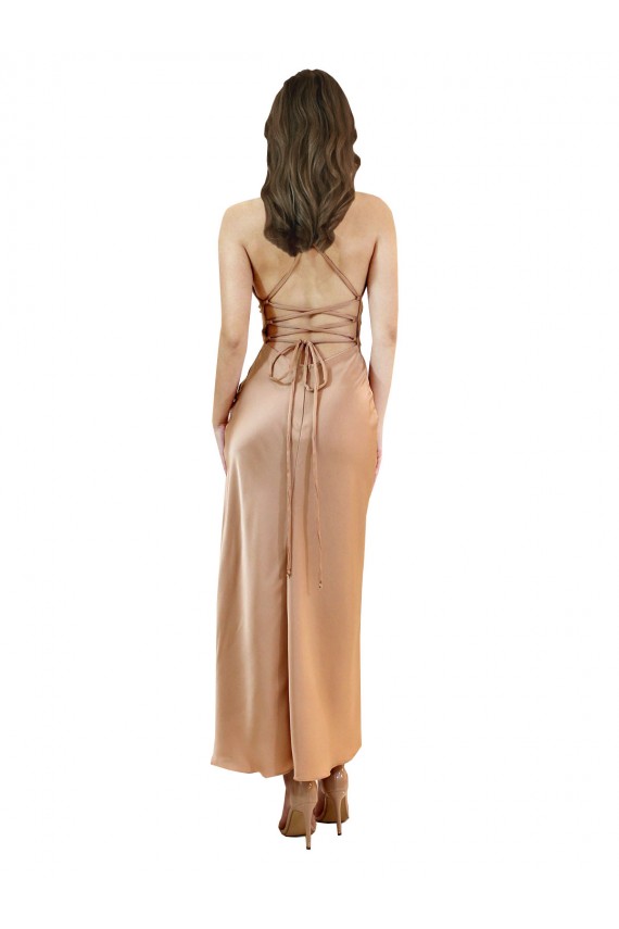 Online Oro rosa Tubino Cappuccio Midi Raso Setoso Corto Abiti da damigella donore / Abiti da sera / Abiti da cocktail