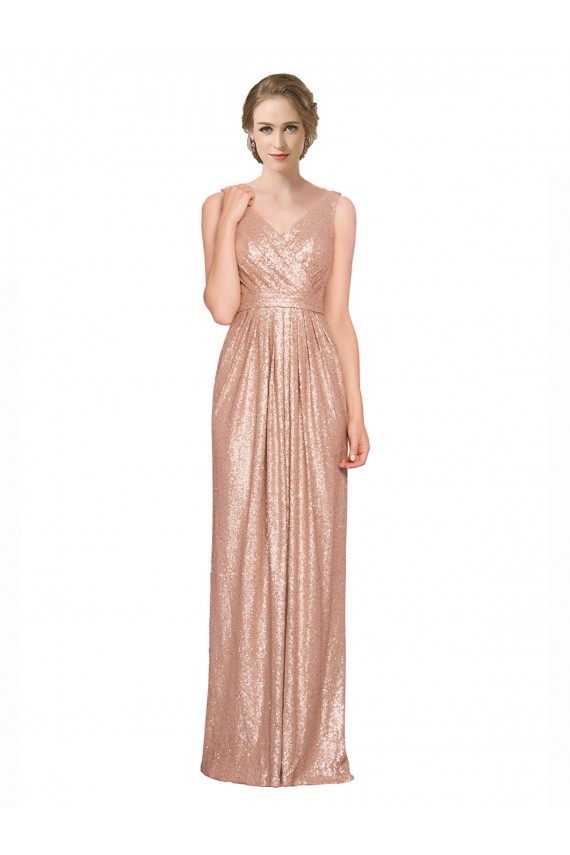 Online Oro rosa Tubino Scollatura a V Paillettes Lunga Formali Abiti da damigella donore / Abiti da sera / Abiti da ballo