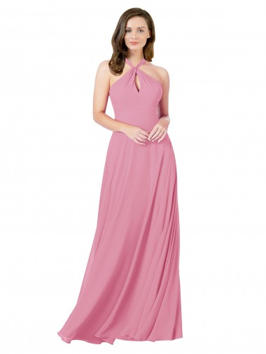 Online Pelle rosa Linea A Capestro Chiffona Lunga Abiti da damigella donore / Abiti da ballo