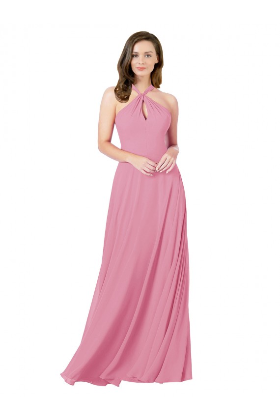 Online Pelle rosa Linea A Capestro Chiffona Lunga Abiti da damigella donore / Abiti da ballo