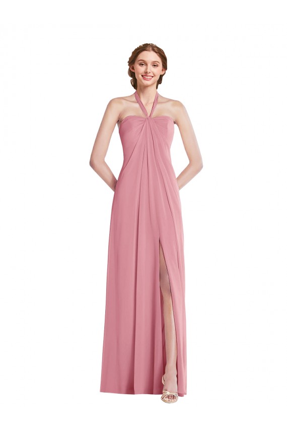 Online Pelle rosa Linea A Capestro Chiffona Lunga Abiti da damigella donore