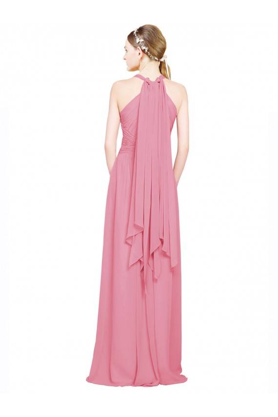 Online Pelle rosa Linea A Capestro Scollatura a V Chiffona Lunga Abiti da damigella donore
