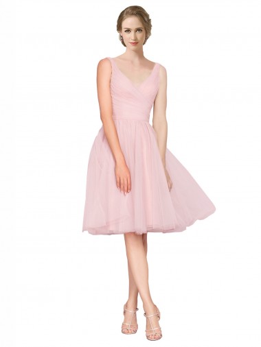 Online Rosa Linea A Scollatura a V Al ginocchio Tulle Corto Abiti da damigella donore / Abiti da cocktail
