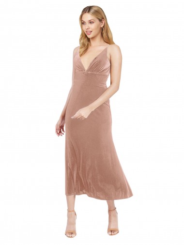 Online Rosa Linea A Scollatura a V Midi Velluto Elastico Corto Abiti da damigella donore / Abiti da ballo / Abiti da cocktail