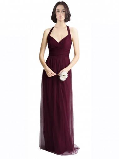 Online Rosso 74 Linea A Capestro Scollatura a V Tulle Lunga Abiti da damigella donore