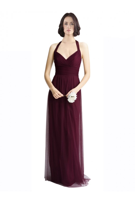 Online Rosso 74 Linea A Capestro Scollatura a V Tulle Lunga Abiti da damigella donore