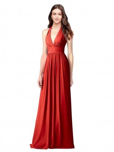 Online Rosso Linea A Capestro Scollatura a V Chiffona Lunga Abiti da damigella donore