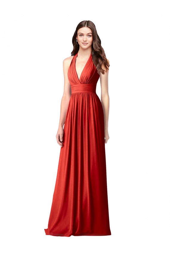 Online Rosso Linea A Capestro Scollatura a V Chiffona Lunga Abiti da damigella donore