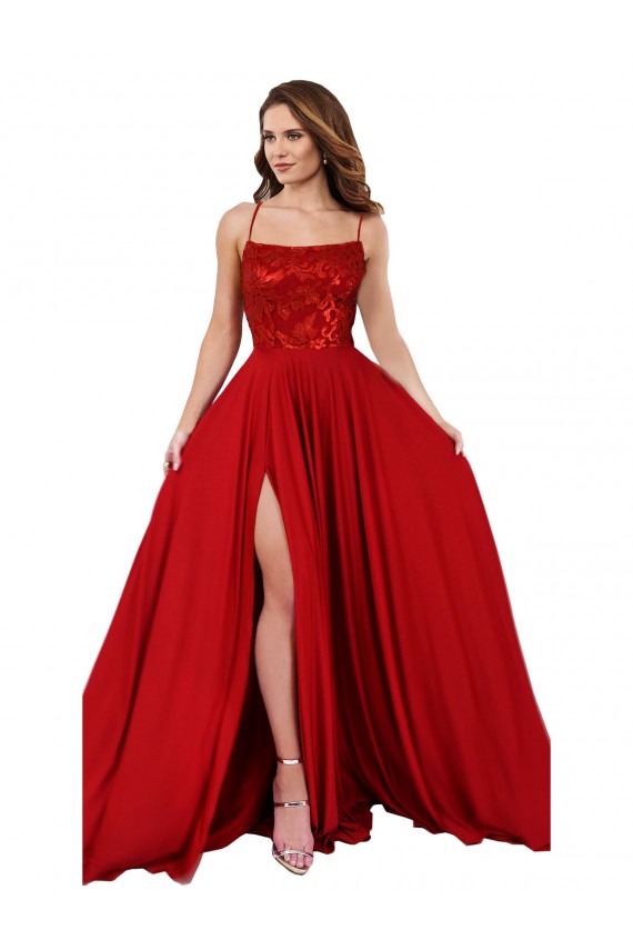 Online Rosso Linea A Sottili Piazza Spandex Pizzo Lunga Abiti da damigella donore / Abiti da ballo