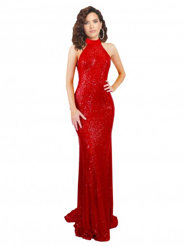 Online Rosso Stile sirena Capestro Alto Collo Paillettes Lunga Formali Abiti da damigella donore / Abiti da sera / Abiti da ballo