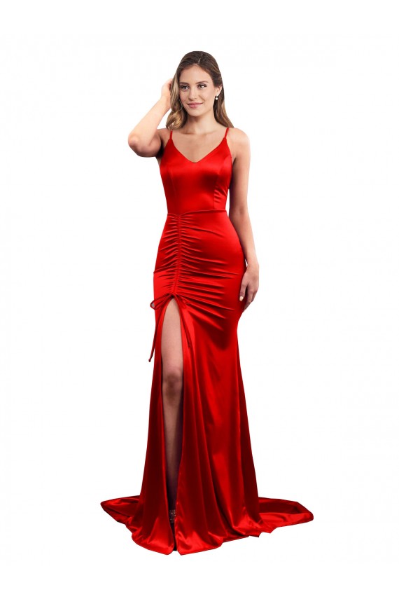 Online Rosso Stile sirena Innamorato Raso Elastico Lunga Formali Abiti da damigella donore / Abiti da sera / Abiti da ballo
