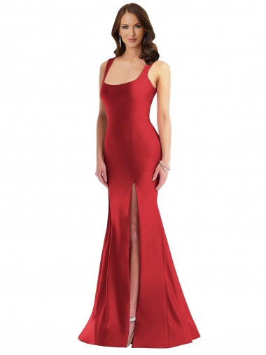 Online Rosso Stile sirena Piazza Raso Setoso Lunga Formali Abiti da damigella donore / Abiti da sera / Abiti da ballo