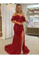 Online Rosso Tubino Paillettes Velluto Lunga Abiti da ballo