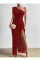 Online Rosso Tubino Una spalla Paillettes Velluto Lunga Abiti da ballo