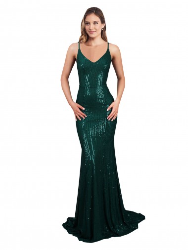 Online Verde Scuro Stile sirena Scollatura a V Paillettes Lunga Formali Abiti da damigella donore / Abiti da sera / Abiti da ballo