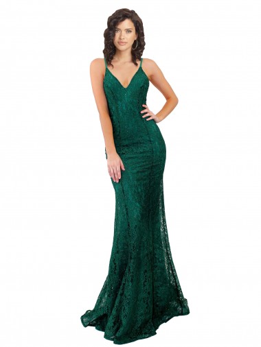 Online Verde Scuro Stile sirena Scollatura a V Pizzo Lunga Abiti da damigella donore / Abiti da ballo