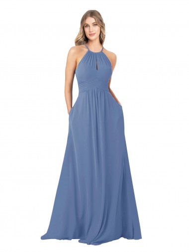 Online Windsor Blu Linea A Alto Collo Chiffona Lunga Abiti da damigella donore